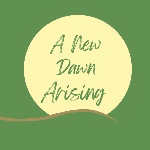 Picture of a yellow sun rising over a brown wavy horizon with A New Dawn Arising in the sun